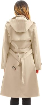 Women's Waterproof Trench Coat Long Double Breasted Windbreaker Classic Belted Lapel Overcoat with Removable Hood - Image 2