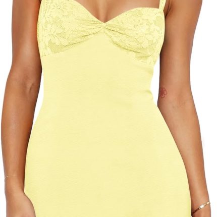 Women's Summer Mini Dress — Sexy Sleeveless Square Neckline with Lace Paneling; Slim-Fit Bodycon Style with Delicate Spaghetti Straps, Perfect for Cocktail Parties and Events