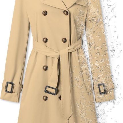 Women's Double Breasted Waterproof Trench Coat Classic Lapel Overcoat with Belt