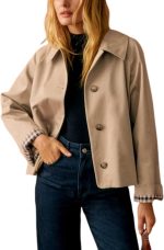 Women Oversize Trench Coat Plaid Lining Lapel Button Down Casual Crop Jacket Outwear with Pockets