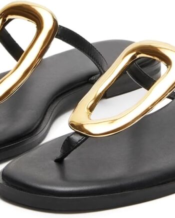 Flip-Flops for Women Thong Sandals Flat Slip on Slides Beach Comfort Open Square Toe Ladies Slipper Dressy Metal Hardware Decoration Summer Shoes Casual Fashion