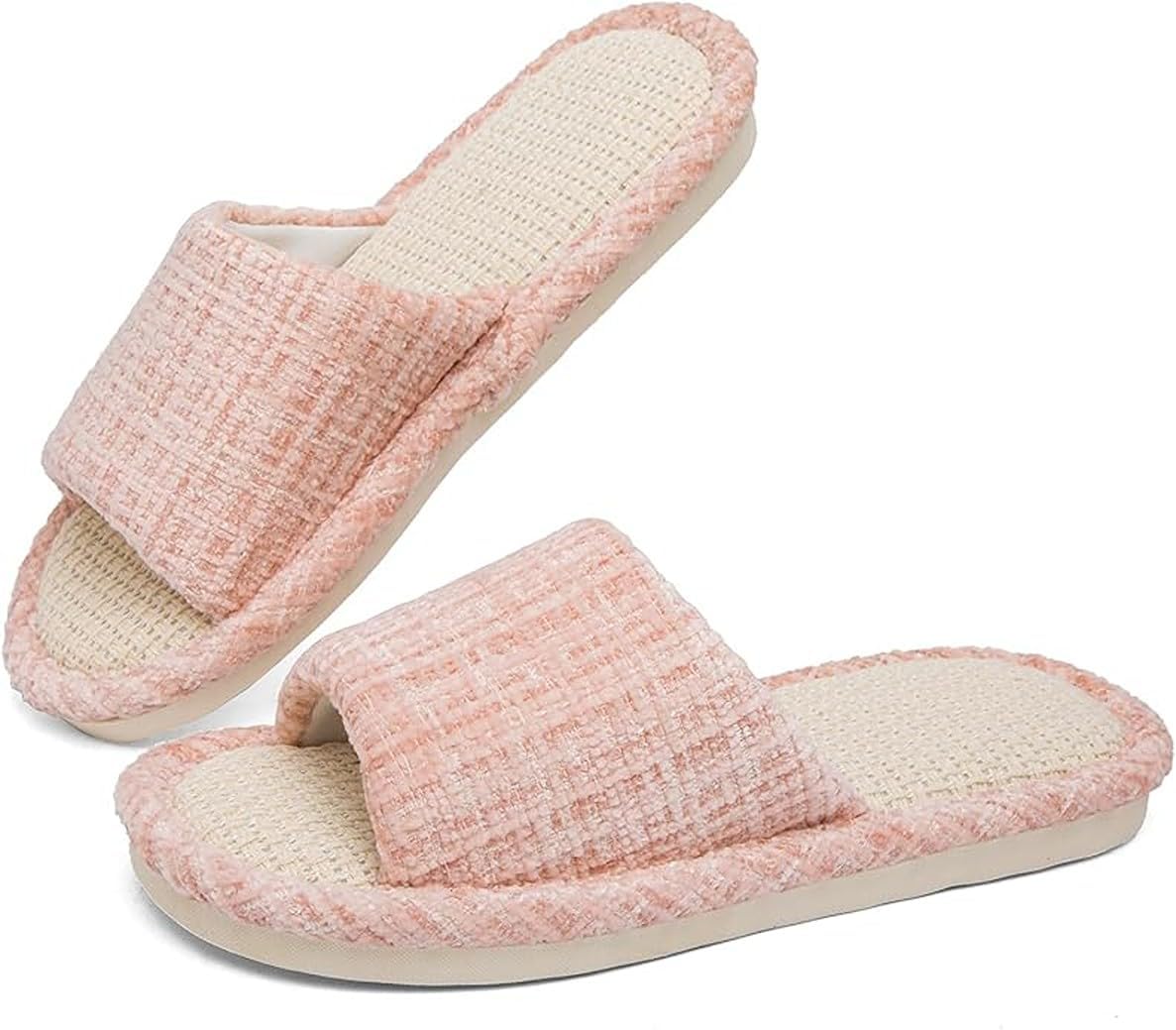 Women Slippers, Linen Flax House Slippers for Women Men Unisex, Cute Soft Open Toe Summer Bedroom Slides House Shoes Indoor Outdoor Shower Drys fast