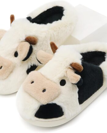 Fuzzy Cow Slippers for Women Men Adults, Fluffy Plush and Cozy Cotton House Slippers for Indoor Outdoor Bedroom, Warm Furry Cow Print Slipper for Winter Spring Fall