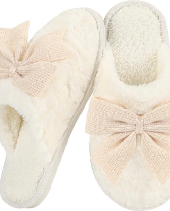 Women Cute Bow Slippers Cartoon House Fur Shoes Cozy Indoor Momory Foam Outdoor