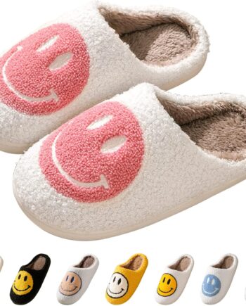 Smile Face Slippers for Women, Soft Plush Smile Slippers Retro Preppy Slippers with Smile Face Happy Face Slippers Slip-on Cozy Indoor Outdoor Slippers Indoor Outdoor Comfy Shoes