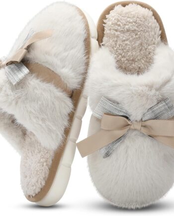Cute Women Memory Foam House Slippers - Fuzzy Plush Faux Fur Slippers with Bow Butterfly Tie - Anti-Skid Indoor/Outdoor Gifts for Women, Moms & Ladies