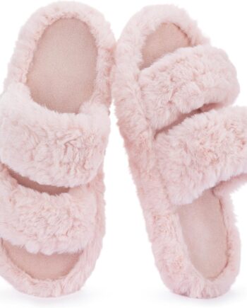 Women’s Pluffie Slippers with Arch Support & Memory Foam, Cozy Faux Fur Open Toe House Shoes, Gift-Ready Indoor Outdoor Comfort