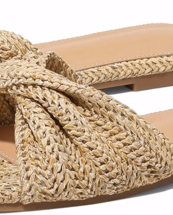 Raffia Flat Sandals for Women Straw Woven Slides Summer Beach Shoes | Espadrille, Braided, Square Open Toe, Comfort, Cute, Dressy Flats, Slip On, Beach Essentials, Outfits for Daliy and Travel