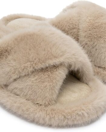 Women Slippers Cross Band Fuzzy Slippers Memory Foam Slippers for Women Plush Comfy Bedroom Faux Fur Slipper Slides House Shoes Anti-Skid Sole Trendy Gift Slippers