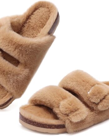 Fuzzy Slippers Women with Cork Footbed Fluffy Slides Open Toe Indoor House Shoes | Arch Support | Adjustable Buckles