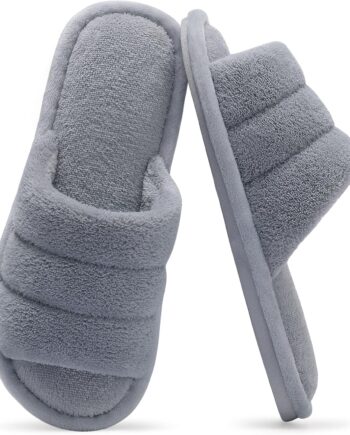 Terry Cloth Open Toe Slippers for Women Memory Foam Slip On House Slippers