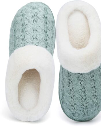 Women Memory Foam Slippers Knitted Fur Collar House Shoes Anti-Skid Sole for Indoor & Outdoor