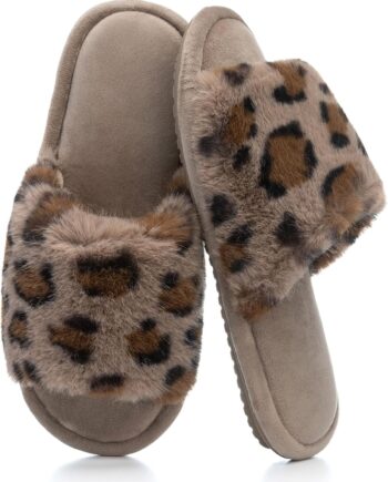 Women Fuzzy Open-Toe House Slippers with Memory Foam - Leopard Print Cheetah Plush Cozy Cute Slipper Indoor/Outdoor Soft Slip On Slides Gifts for Women Mom Her Ladies