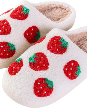 Women Slippers Cute Pattern Strawberry Slippers Warm Soft Bedroom Shoes Fuzzy Closed Toe Sandals Non Slip House Bedroom Slippers