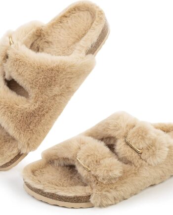 Women Open Toe Slipper with Cozy Lining,Faux Rabbit Fur Cork Slide Sandals Size 6-11