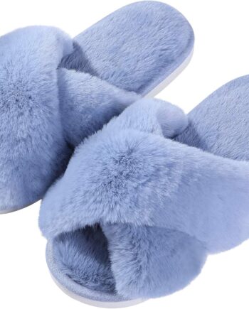 Women Fuzzy Slippers Cross Band Memory Foam House Slippers Open Toe