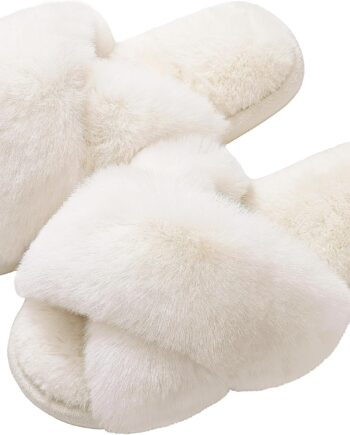 Women Fuzzy Slippers Cross Band Memory Foam House Slippers Open Toe