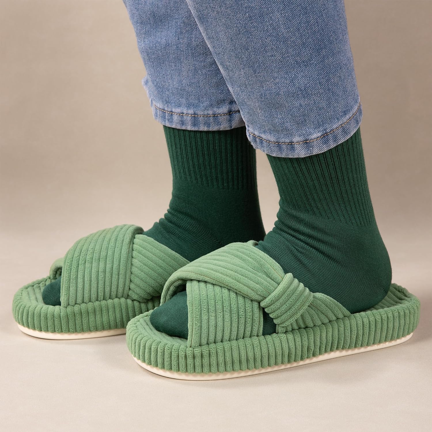 Women House Slippers Corduroy Indoor Slippers Memory Foam Bedroom Open Toe Slippers Cross Band House Shoes